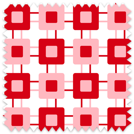 The artwork is a geometric pattern composed of interlocking squares in varying shades of red. Larger squares alternate between a medium red and a lighter red, each containing smaller squares of contrasting shades inside them. Thin horizontal and vertical lines connect the larger squares, forming a grid-like structure on a white background. The pattern is repetitive and symmetrical, creating a rhythmic and balanced visual effect.